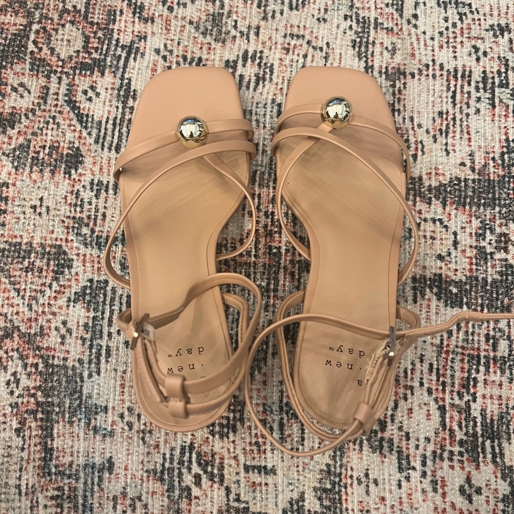 Target Nude Strappy Block Heel Sandal with Gold Accent - Picture 2 of 4
